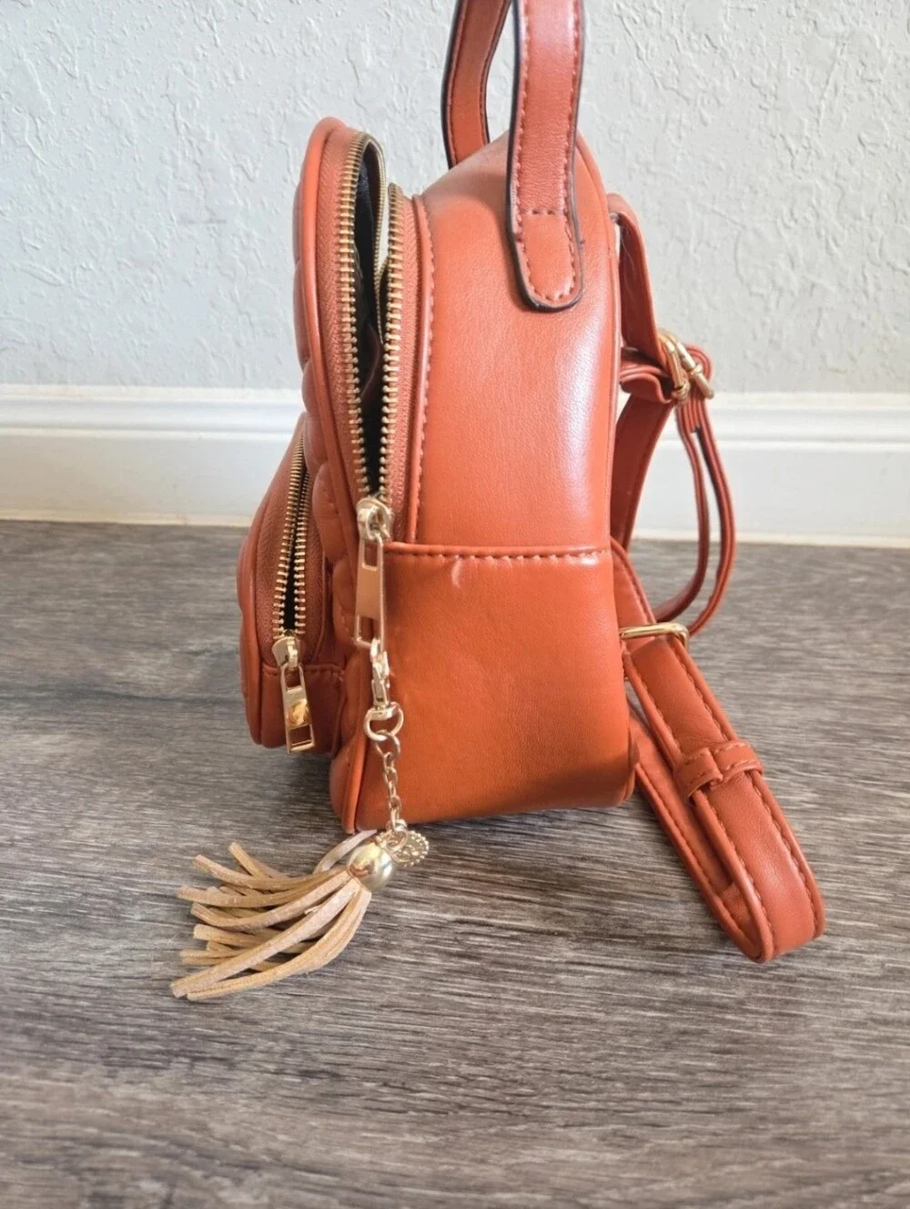 Quilted Mini Crossbody Backpack - Rust Orange